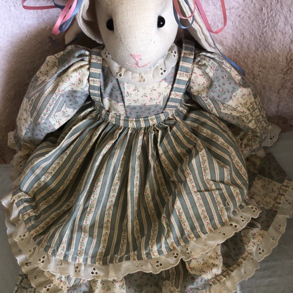 Vtg 80s Hand Made OOAK Bunny Rabbit Doll Fleece Dress Ears Cotton Apron 21” - Picture 3 of 7